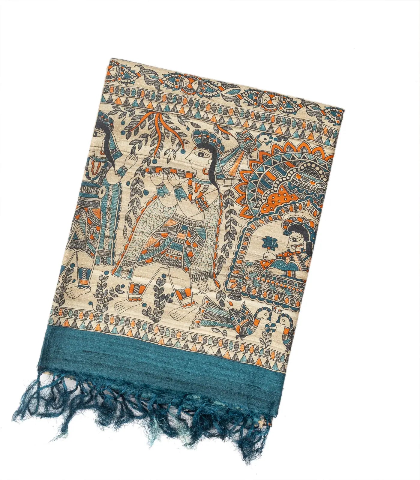 Taupe Handloom Tussar Silk Saree With Printed Cyan Floral Motifs