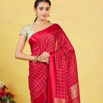 Red Crepe Silk Saree With Zari Checks