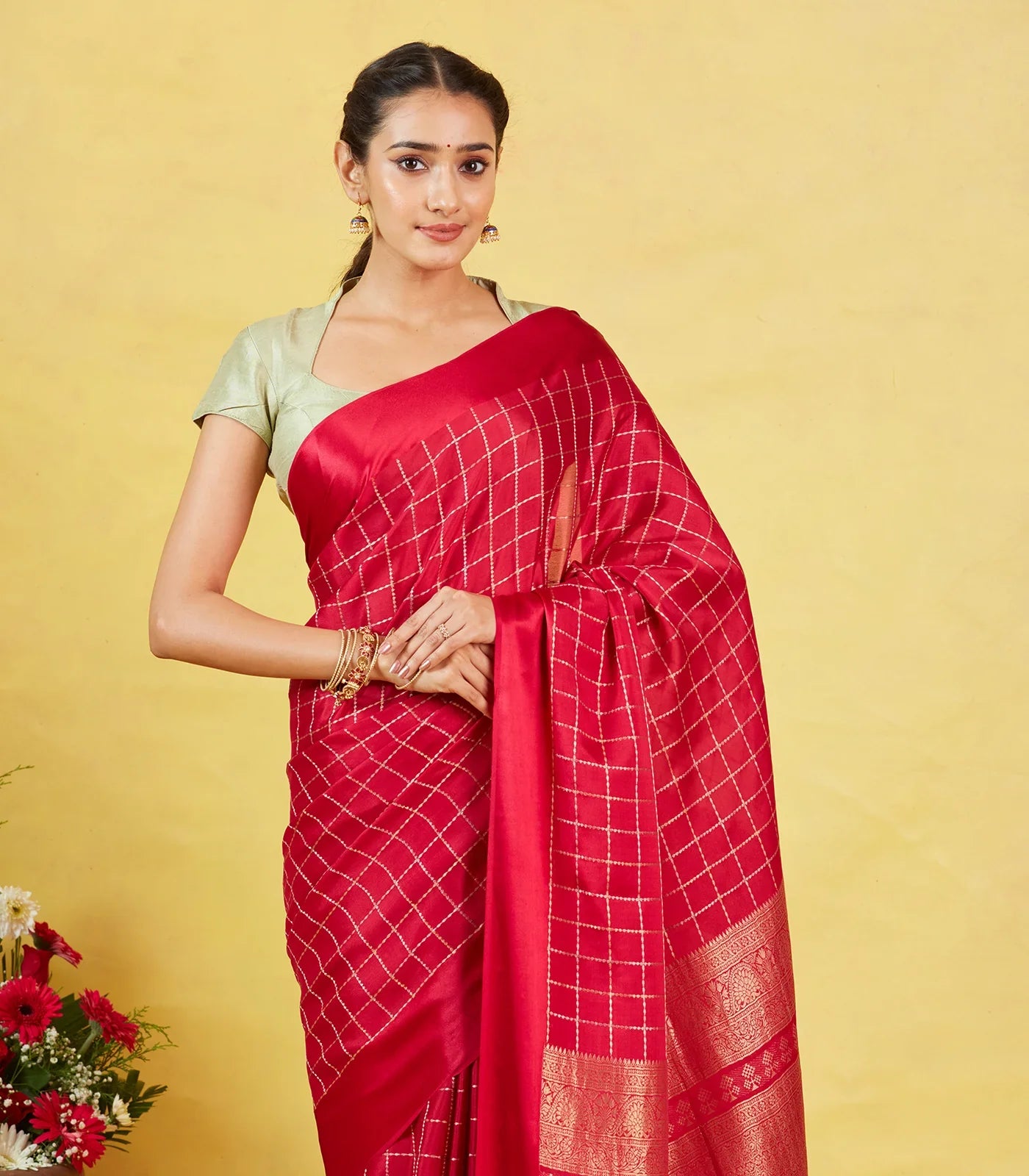 Red Crepe Silk Saree With Zari Checks