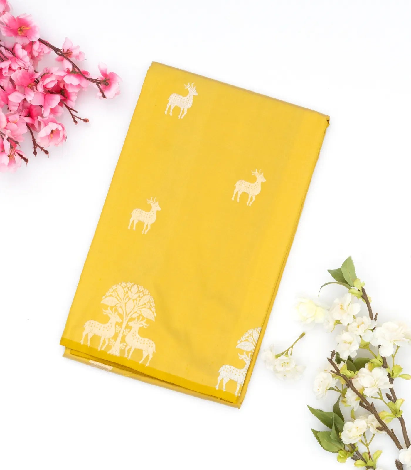 Gold Handloom Banarasi Silk Saree With Deer Buttas