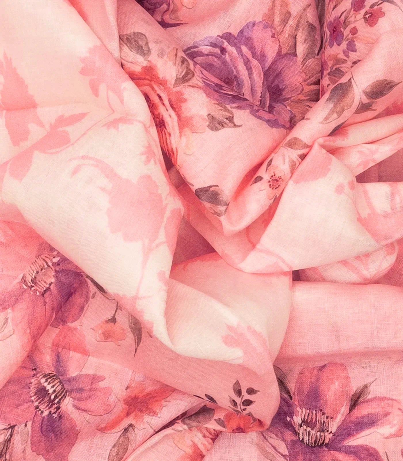 Baby Pink Handloom Linen Saree With Printed Floral Motifs