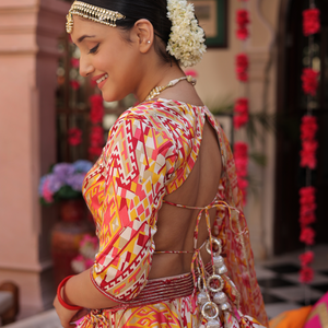 Creamy Crimson Blaze Printed Satin Lehenga Set