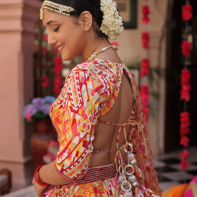 Creamy Crimson Blaze Printed Satin Lehenga Set