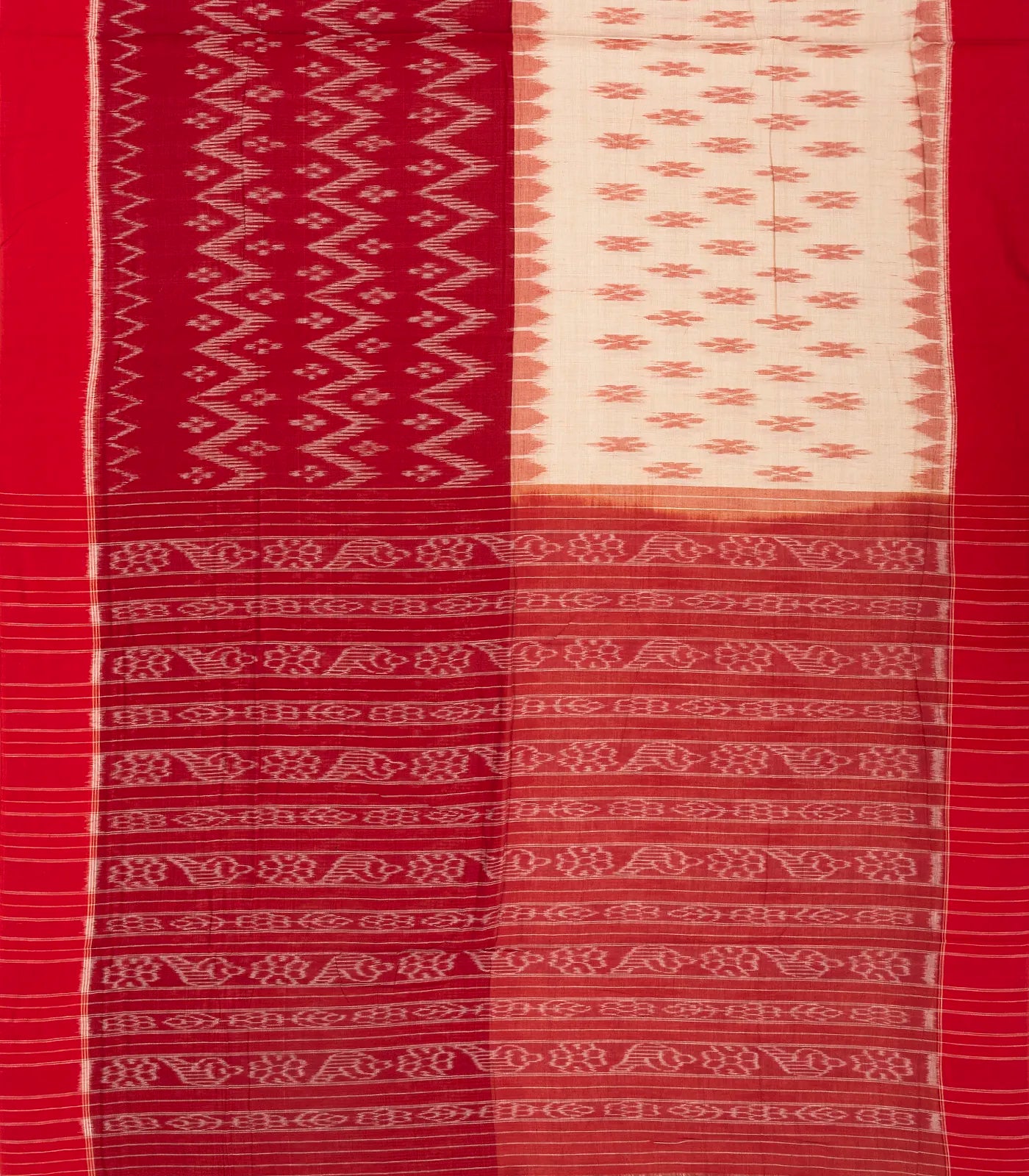 Red & Cream Handwoven Orissa Cotton Saree With Tie & Dye Motifs
