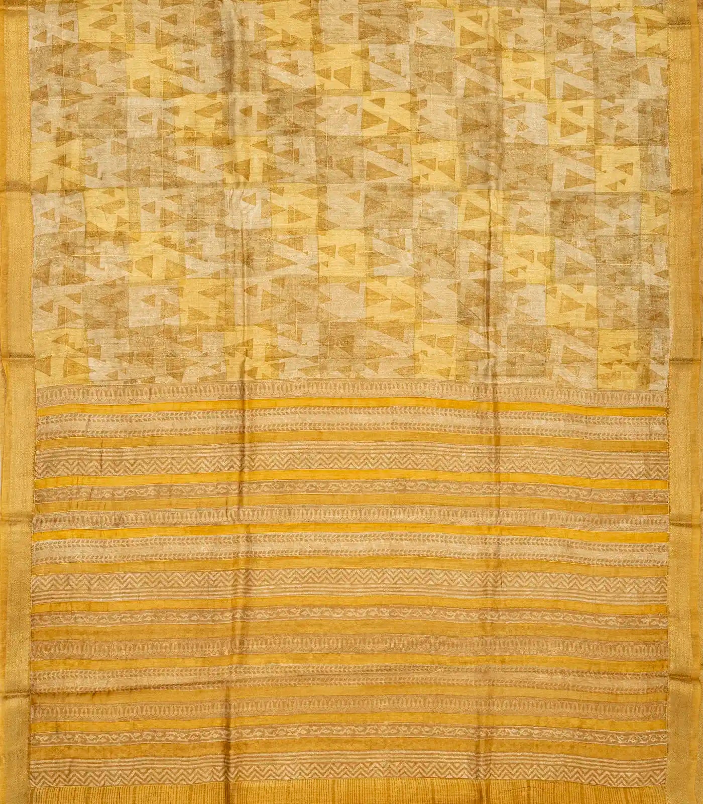 Beige Handloom Tussar Silk Saree Printed With Triangle Motifs
