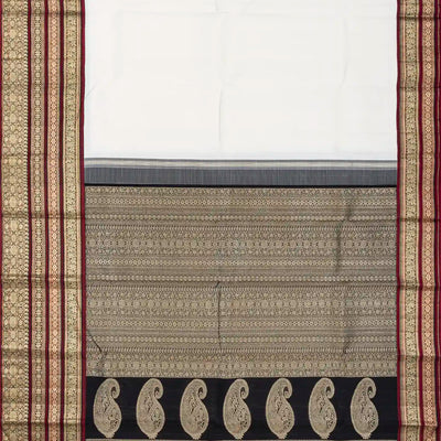 White Handloom Kanchipuram Korvai Silk Saree With Contrast Border