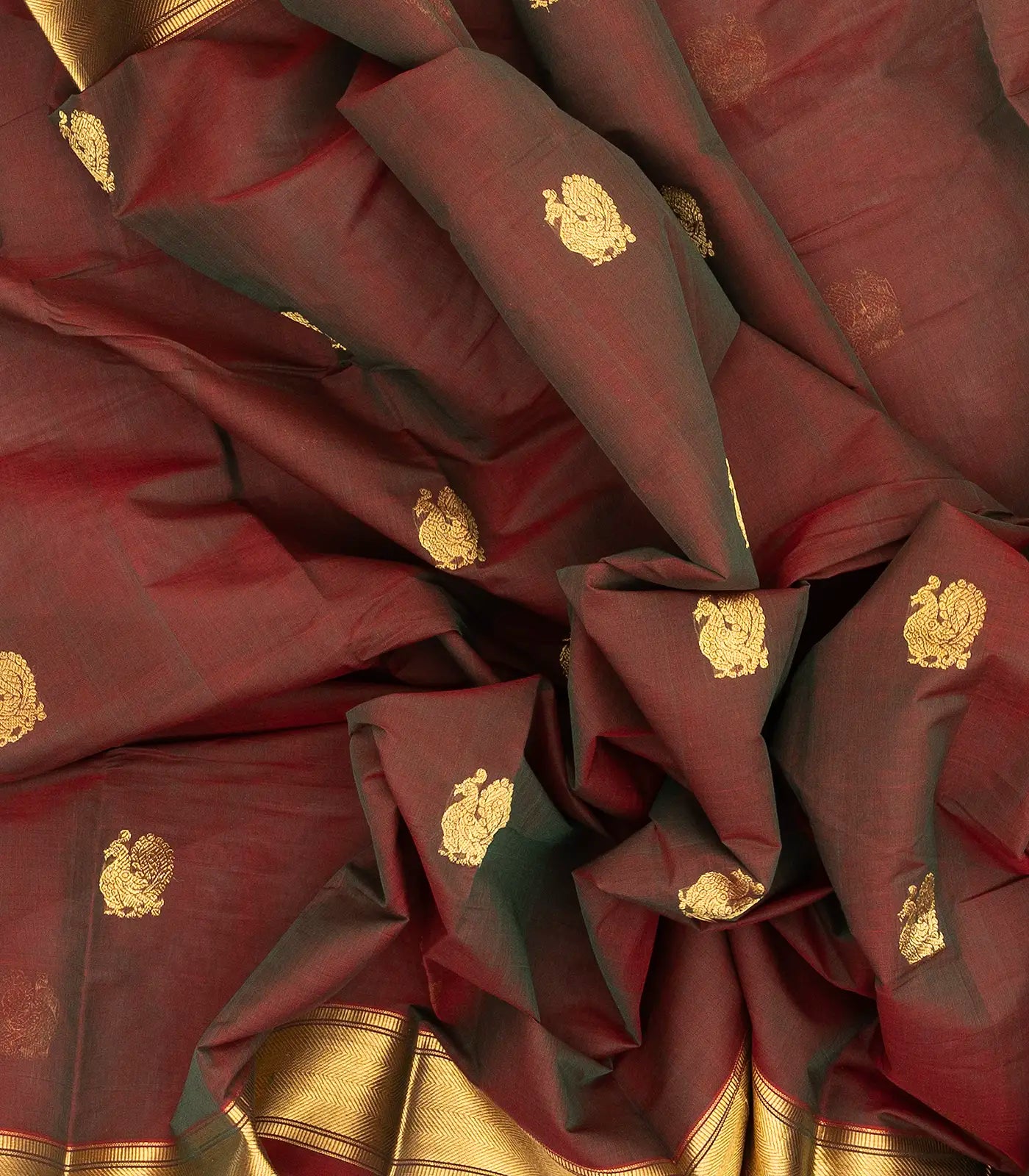 Brown Handloom Kanchi Cotton Saree With Annam Buttas