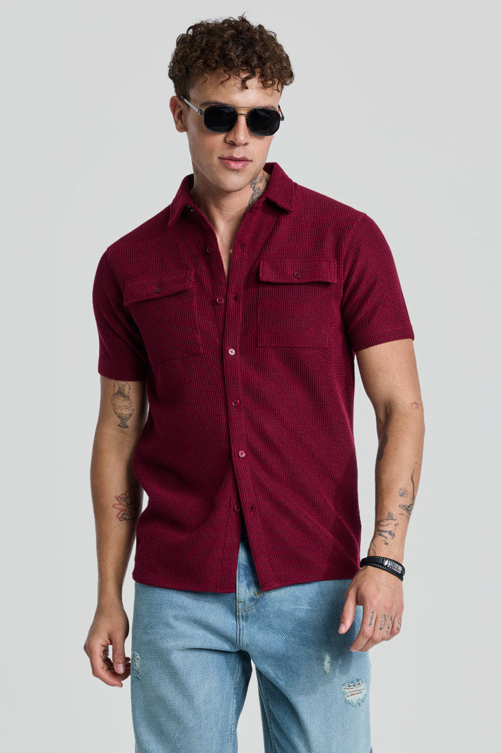 Maroon Textured Double Pocket Shirt