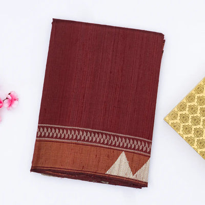 Maroon Handloom Plain Tussar Silk Saree With Printed Pallu