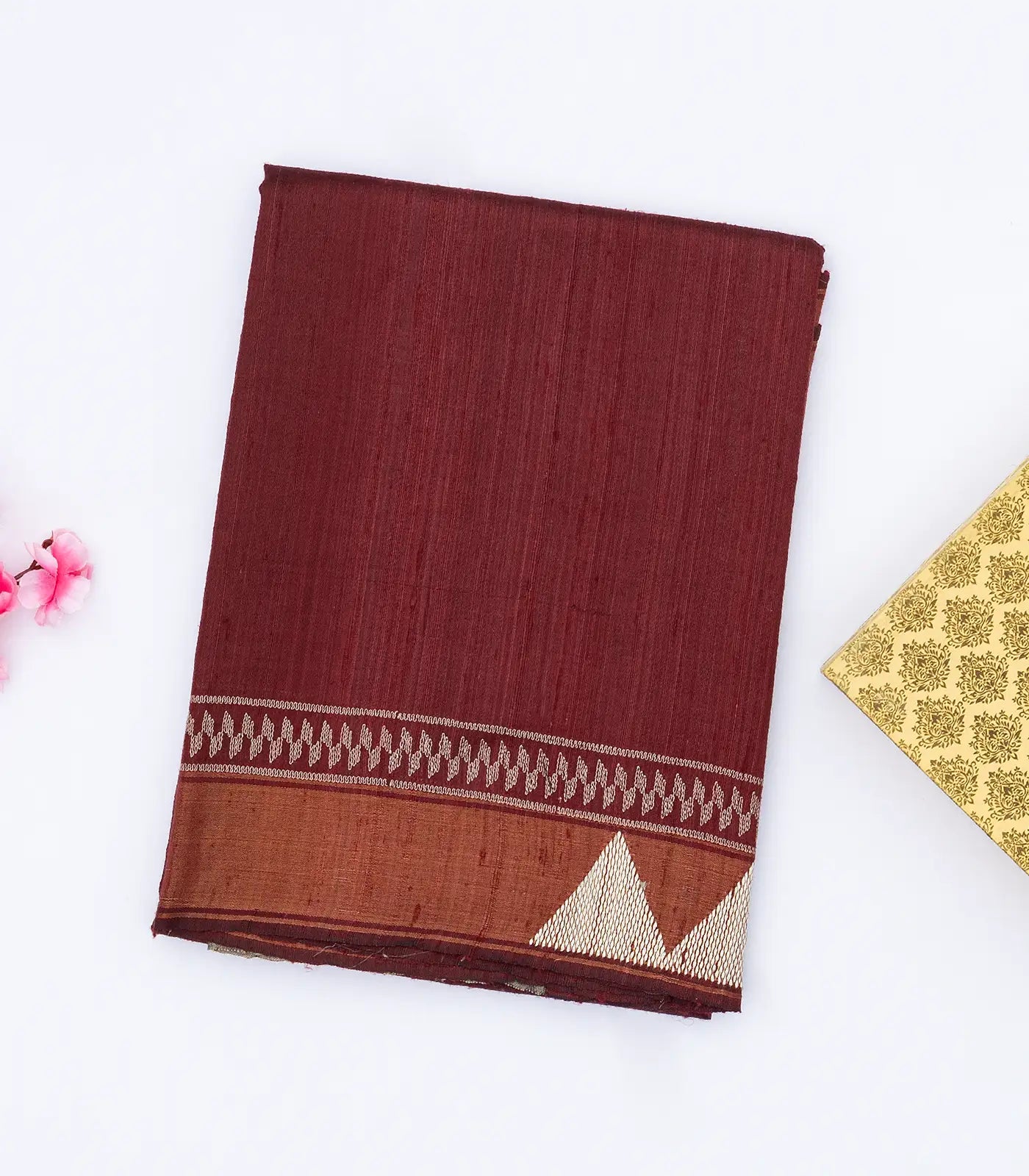 Maroon Handloom Plain Tussar Silk Saree With Printed Pallu