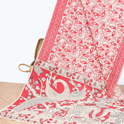 Pink geometric machine-printed kalamkari cotton saree, diamond border & God Krishna Radha motifs pallu