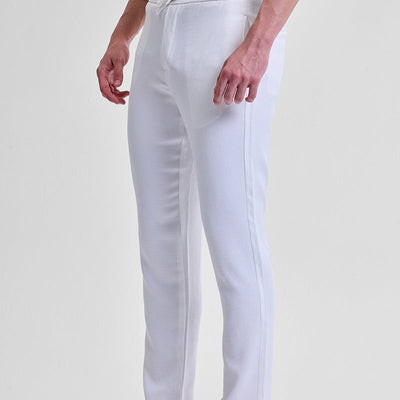 White Self-Design Slim Fit Trousers