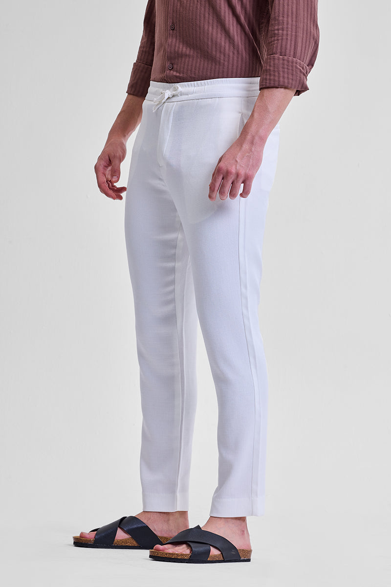 White Self-Design Slim Fit Trousers