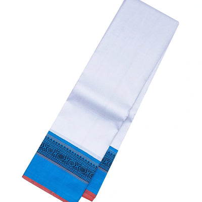 White Handloom Kanchipuram Korvai Silk Saree With Blue Border