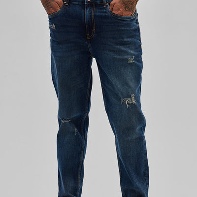 Dark Blue Distressed Slim Fit Jeans