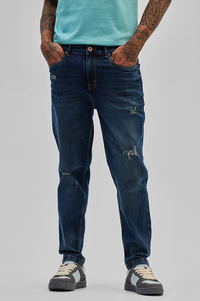 Dark Blue Distressed Slim Fit Jeans