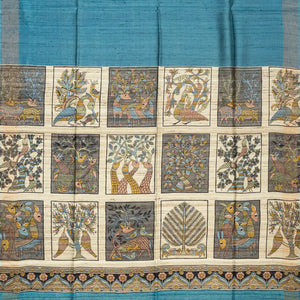 Steel Blue Handloom Dupion Silk Saree With Printed Animal Motifs