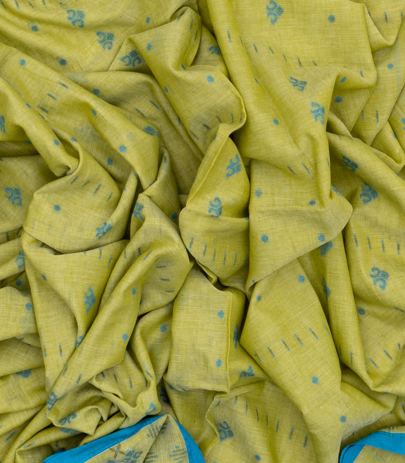 Lime Green Bengal Cotton Saree With Floral Motifs