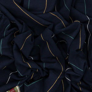 Midnight Blue Handloom Bhujodi Cotton Saree With Yellow Stripes