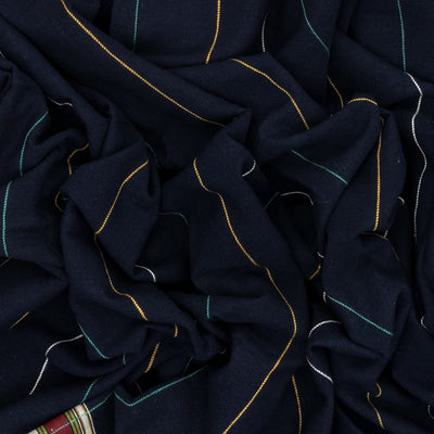 Midnight Blue Handloom Bhujodi Cotton Saree With Yellow Stripes