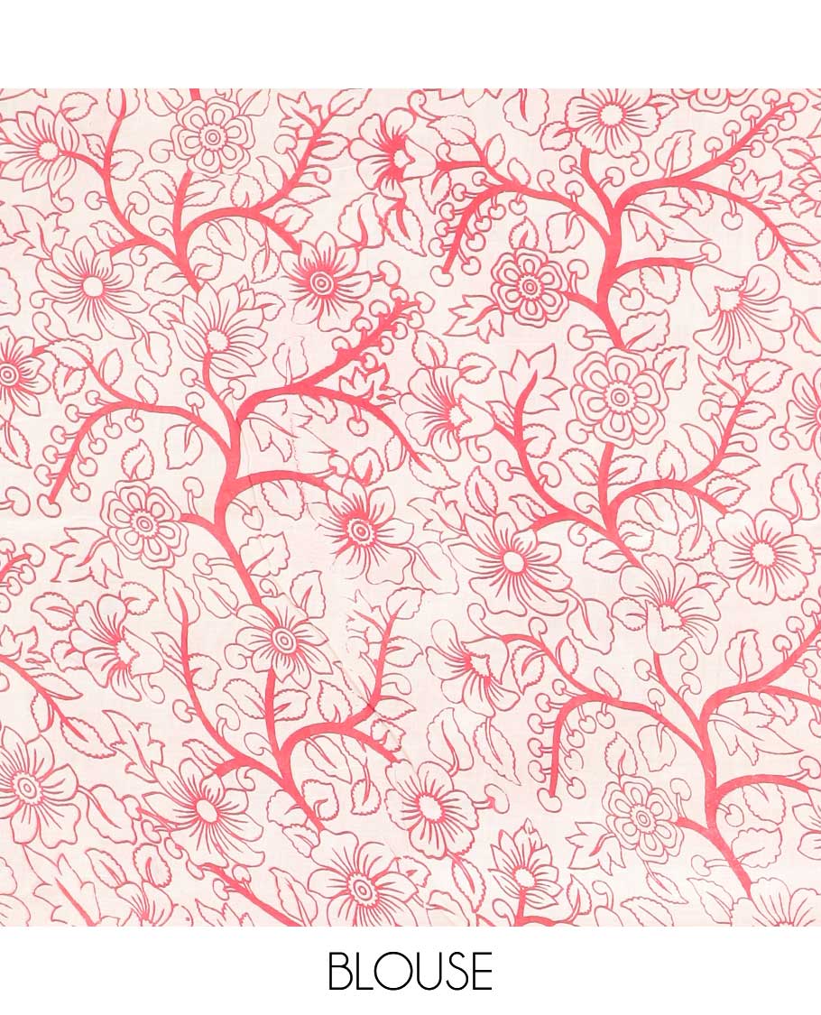 Pink geometric machine-printed kalamkari cotton saree, diamond border & God Krishna Radha motifs pallu