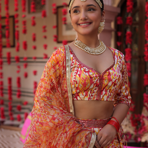 Creamy Crimson Blaze Printed Satin Lehenga Set