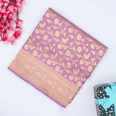 Lavender Handloom Banarasi Silk Saree With Floral Vine Motifs