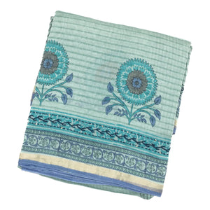 Turquoise Chanderi Cotton Saree Printed With Stripes & Floral Motifs