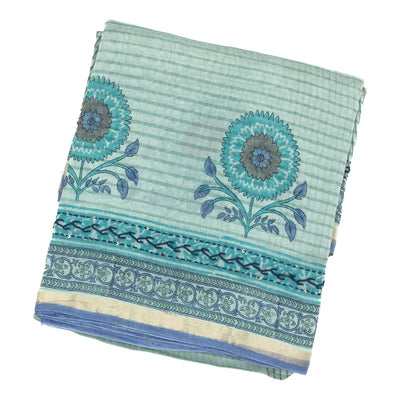 Turquoise Chanderi Cotton Saree Printed With Stripes & Floral Motifs