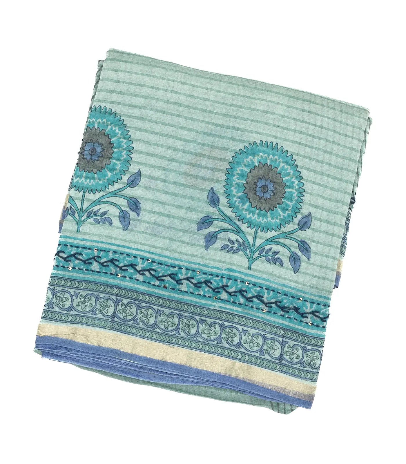Turquoise Chanderi Cotton Saree Printed With Stripes & Floral Motifs