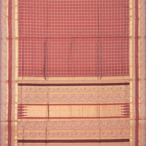 Dark Peach Handloom Silk Cotton Saree With Zari Checks