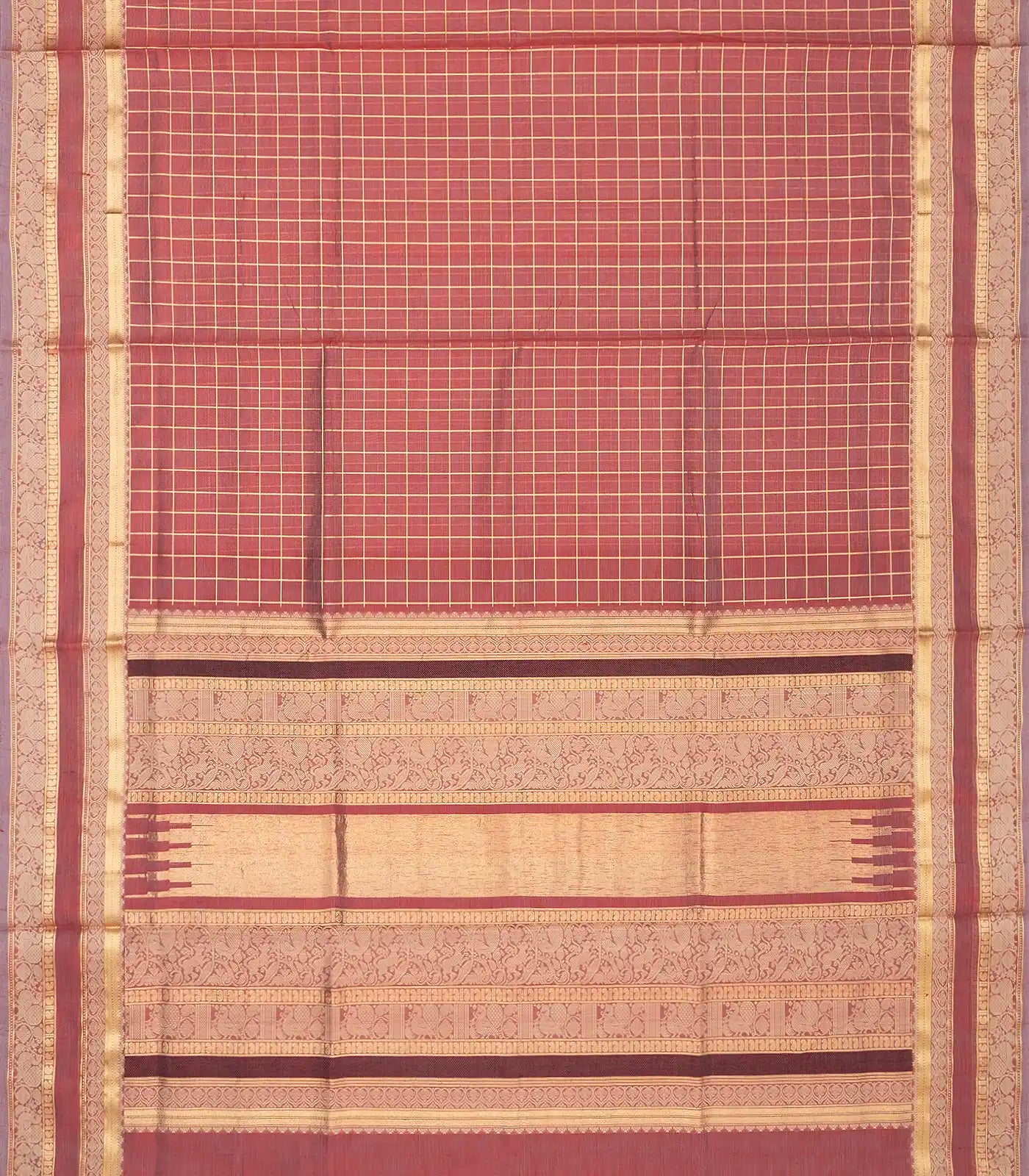 Dark Peach Handloom Silk Cotton Saree With Zari Checks