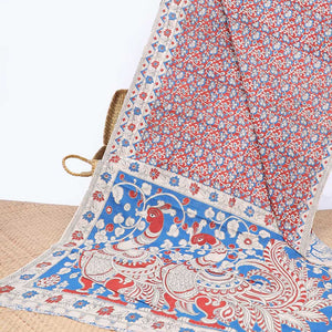 Red floral vine machine-printed kalamkari cotton saree, contrast floral & geometric border & peacock pallu
