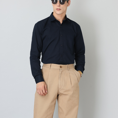 Frankshirt Navy Blue Solid Tailored Fit Cotton Casual Shirt for Man