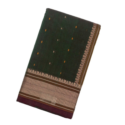 Bottle Green Handloom Kanchi Cotton Saree With Mango Motifs