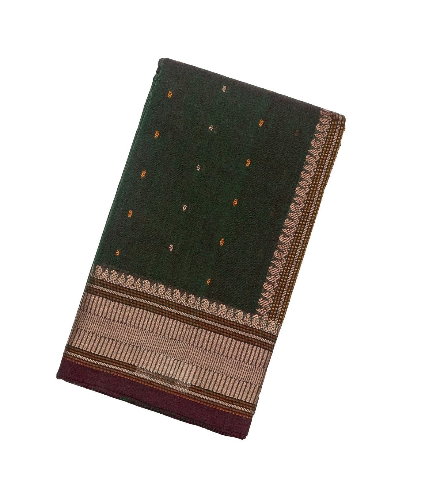 Bottle Green Handloom Kanchi Cotton Saree With Mango Motifs