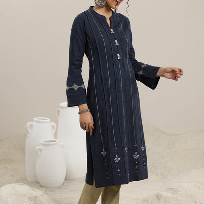 Grey Embroidered Wool Straight Kurta