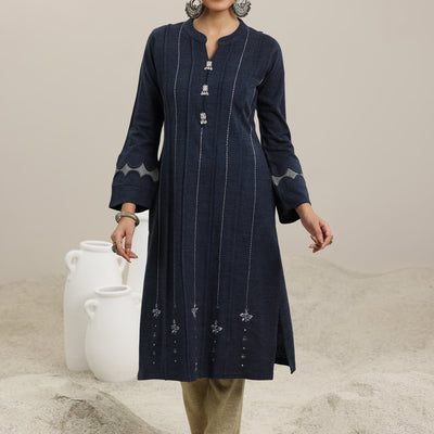 Grey Embroidered Wool Straight Kurta