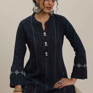 Grey Embroidered Wool Straight Kurta