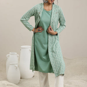 Green Solid Wool Straight Kurta
