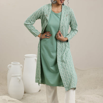 Green Solid Wool Straight Kurta