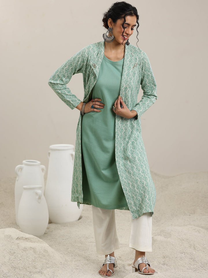 Green Solid Wool Straight Kurta