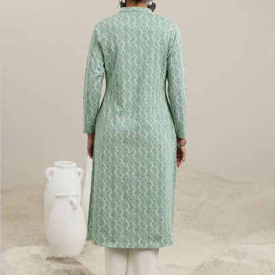Green Solid Wool Straight Kurta