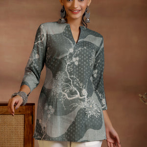 Grey Printed Linen Straight Kurtis