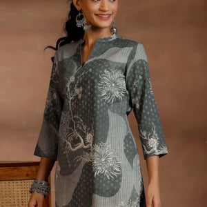 Grey Printed Linen Straight Kurtis