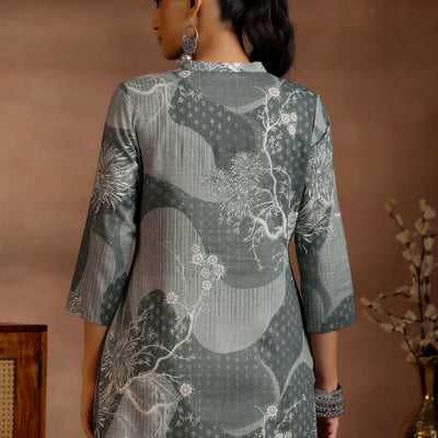Grey Printed Linen Straight Kurtis