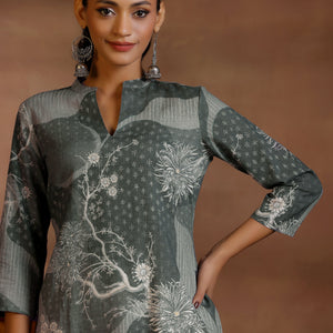 Grey Printed Linen Straight Kurtis