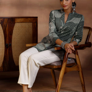 Grey Printed Linen Straight Kurtis