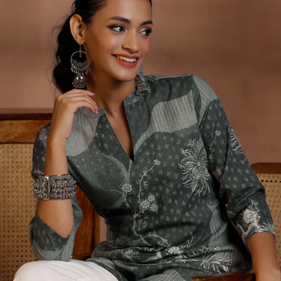 Grey Printed Linen Straight Kurtis