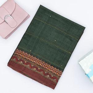 Bottle Green Handloom Tussar Silk Saree Printed With Lord Ram In Pallu